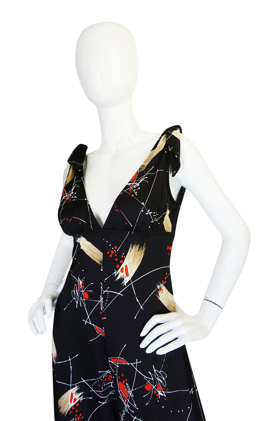 1970s Print Jersey Plunging Wide Leg Jumpsuit