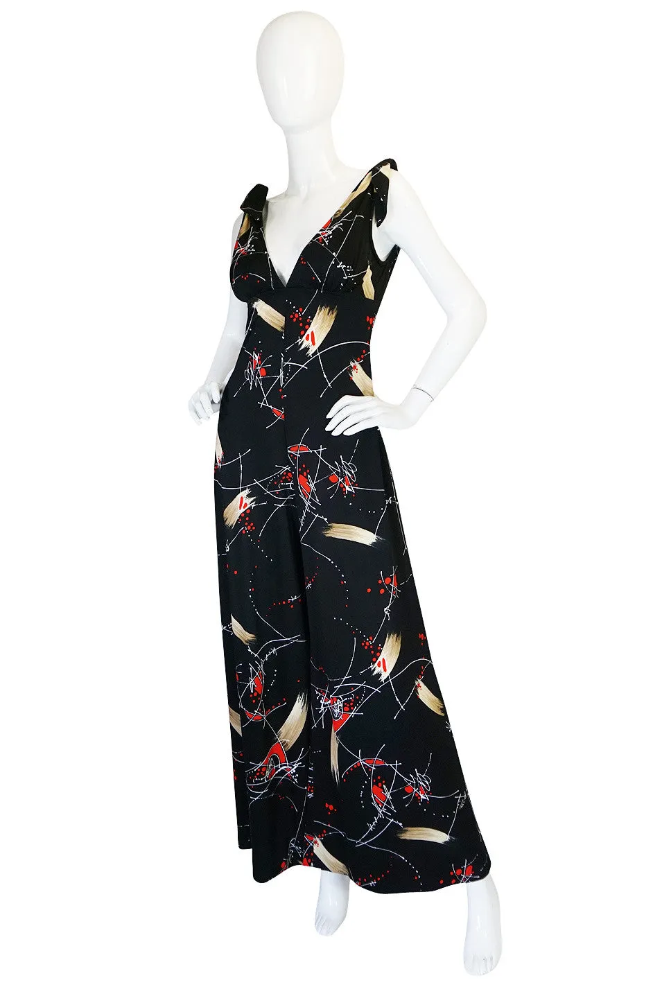 1970s Print Jersey Plunging Wide Leg Jumpsuit