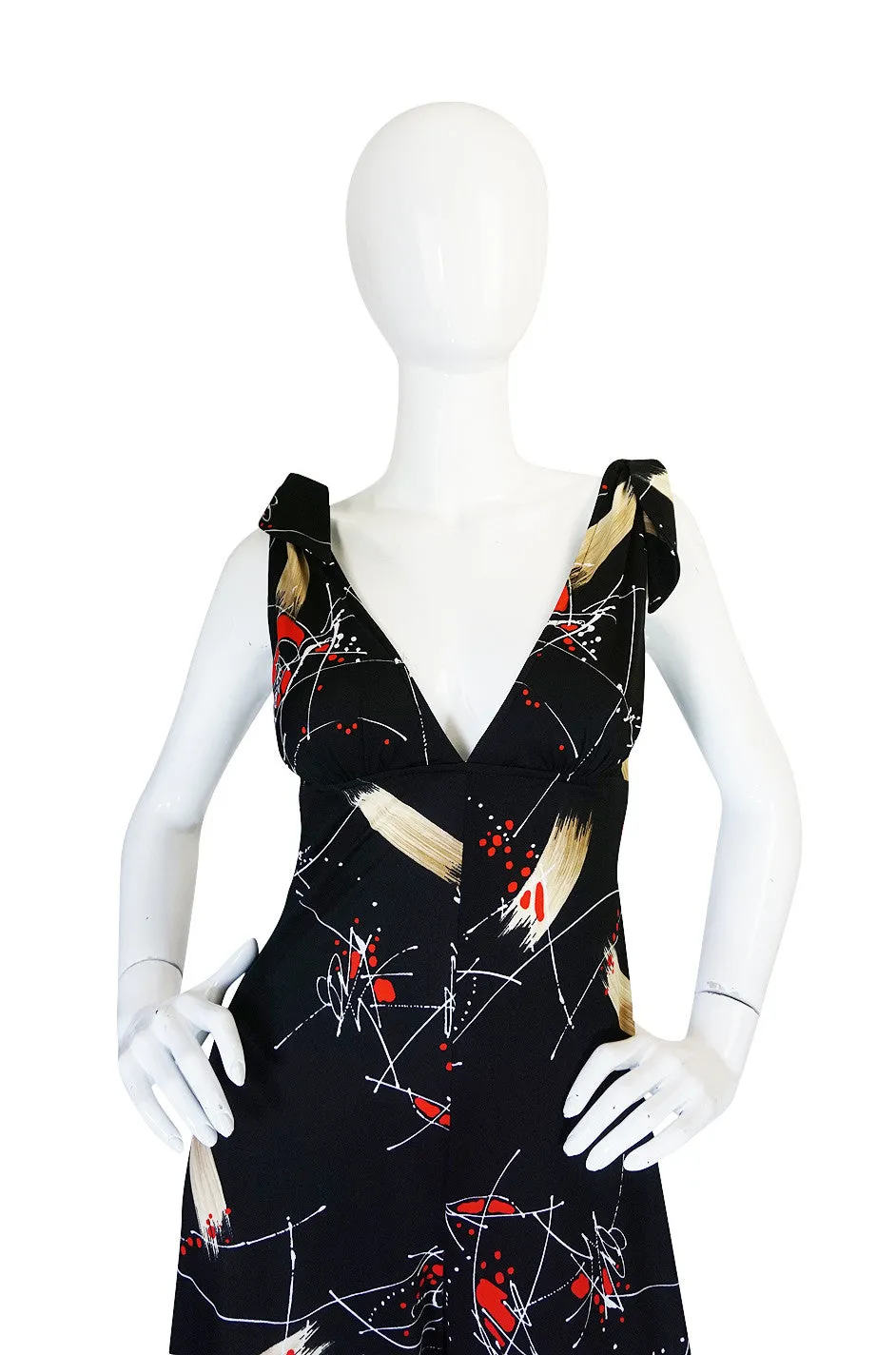 1970s Print Jersey Plunging Wide Leg Jumpsuit