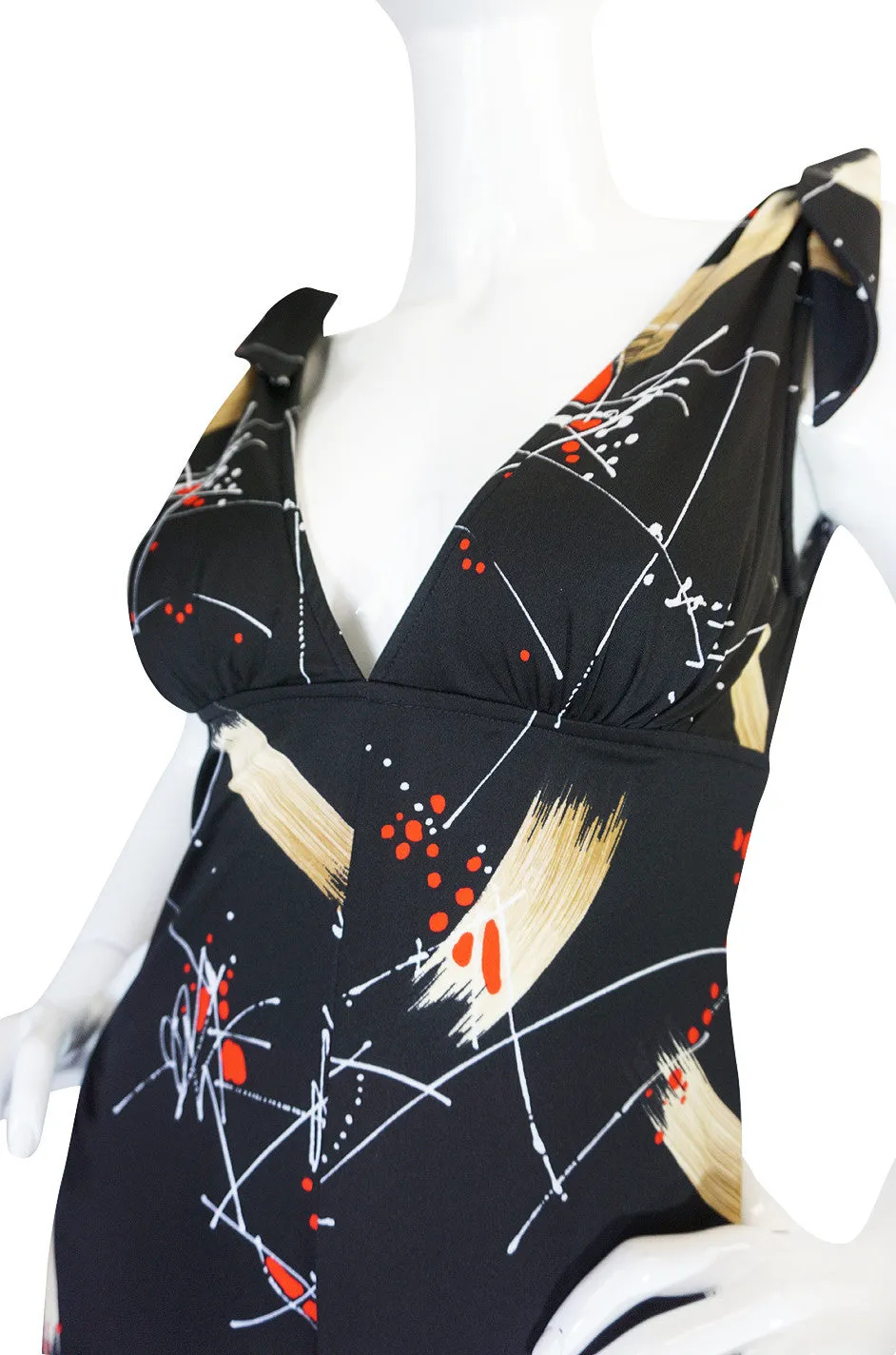 1970s Print Jersey Plunging Wide Leg Jumpsuit