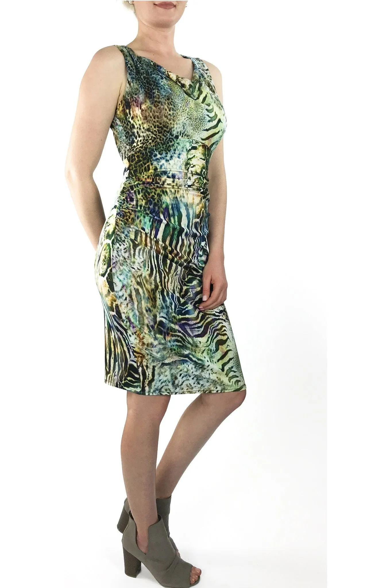 ALEXANDRA Sleeveless Cowl Neck Empire Knee Length Animal Print Dress