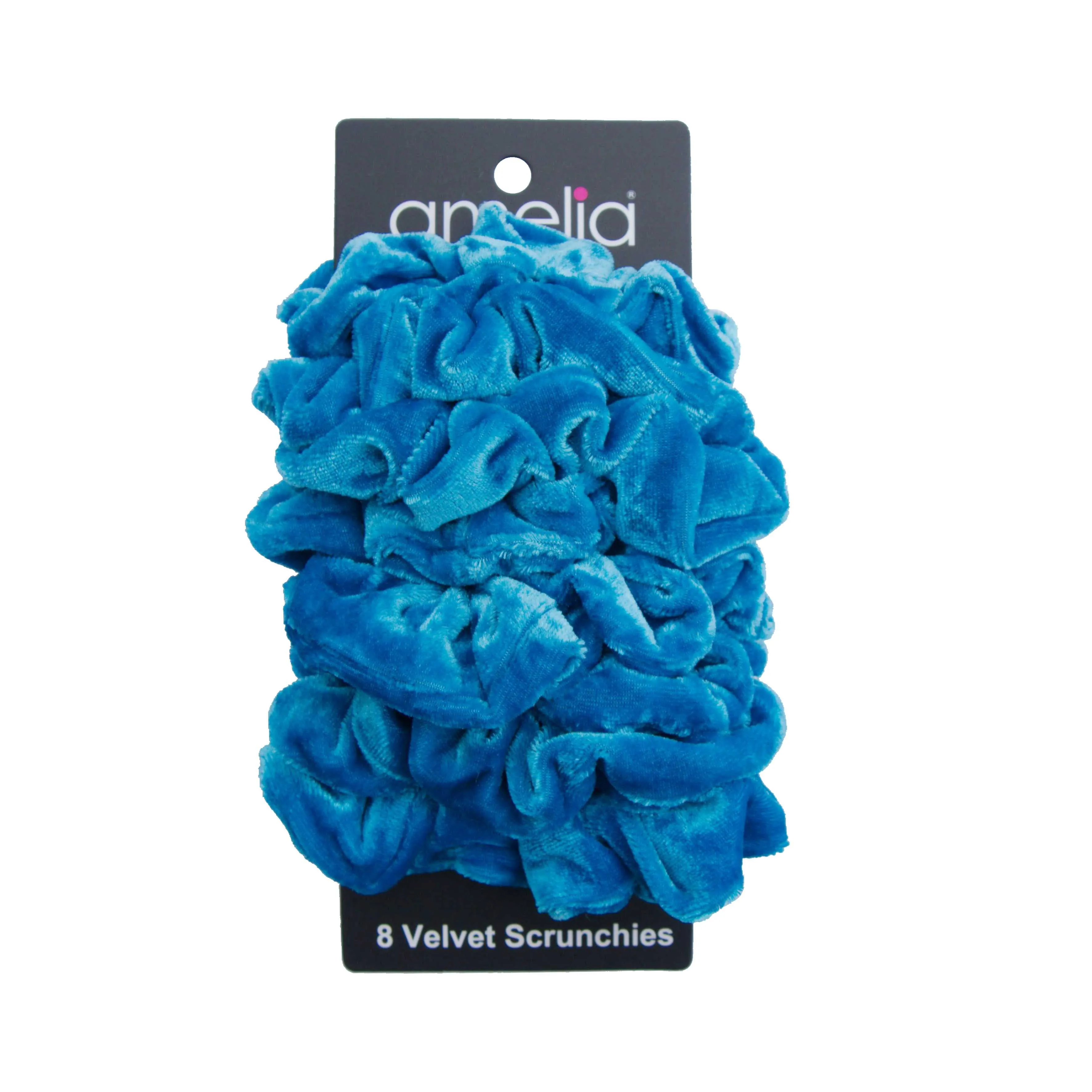 Amelia Beauty, Blue Velvet Scrunchies, 3.5in Diameter, Gentle on Hair, Strong Hold, No Snag, No Dents or Creases. 8 Pack