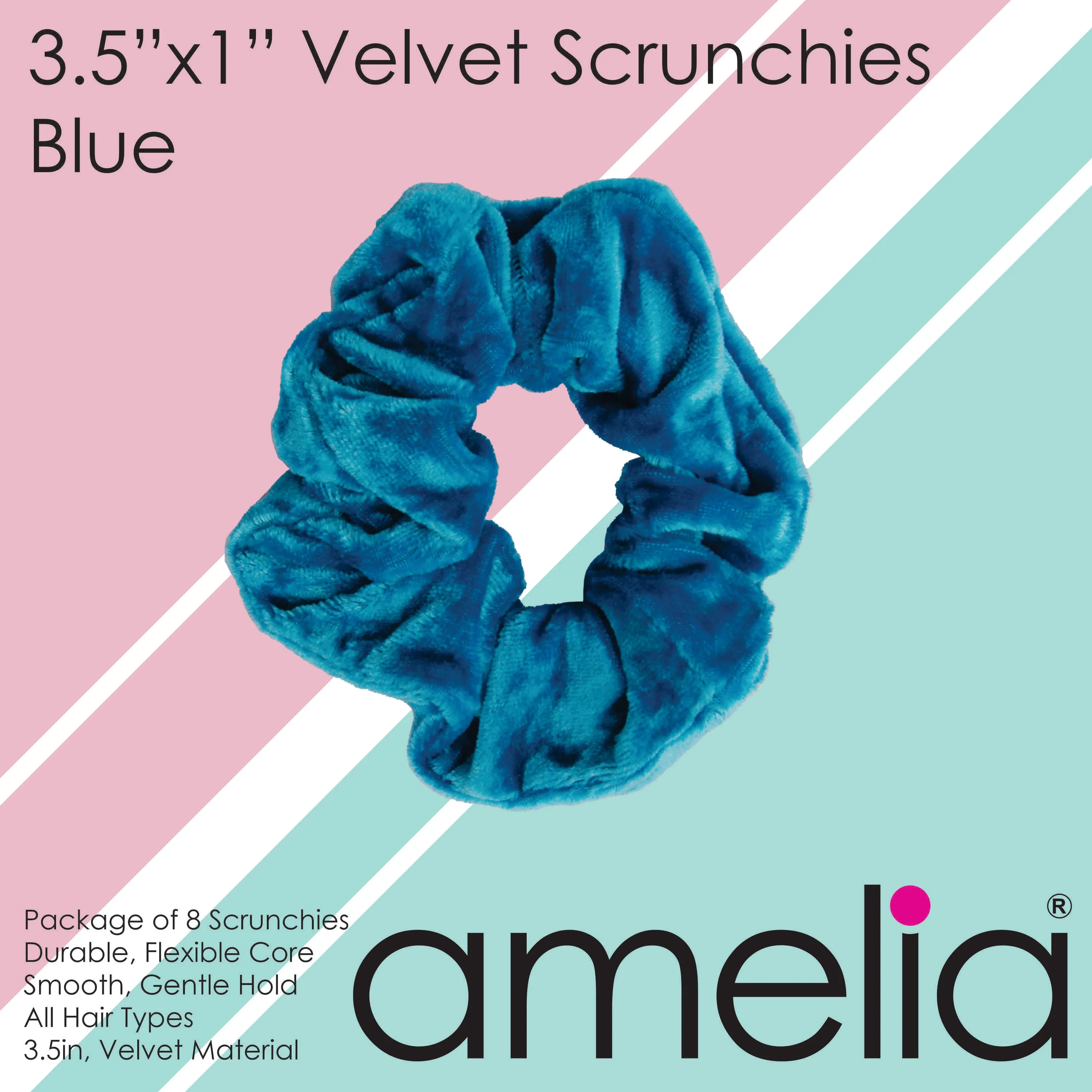 Amelia Beauty, Blue Velvet Scrunchies, 3.5in Diameter, Gentle on Hair, Strong Hold, No Snag, No Dents or Creases. 8 Pack
