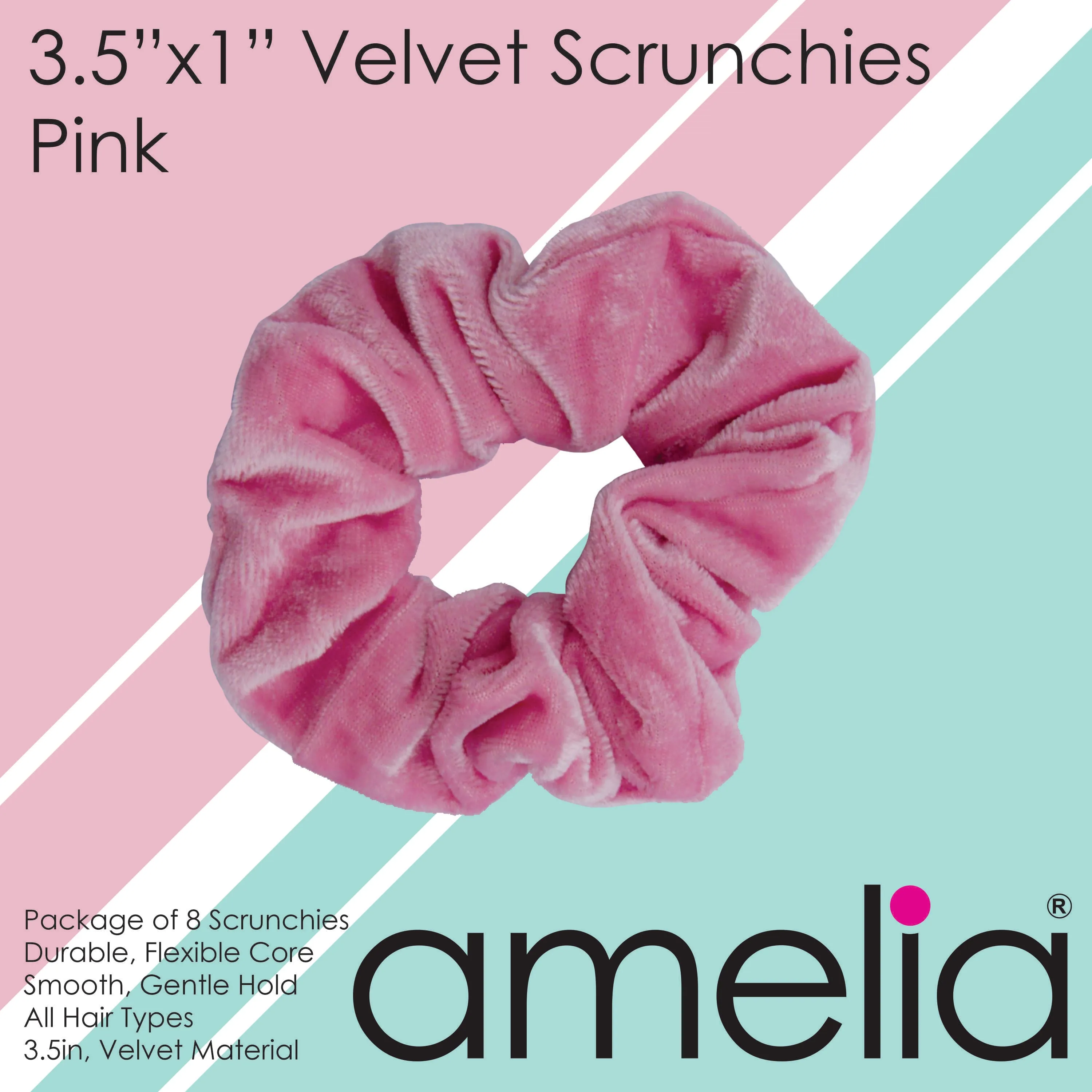 Amelia Beauty, Pink Velvet Scrunchies, 3.5in Diameter, Gentle on Hair, Strong Hold, No Snag, No Dents or Creases. 8 Pack