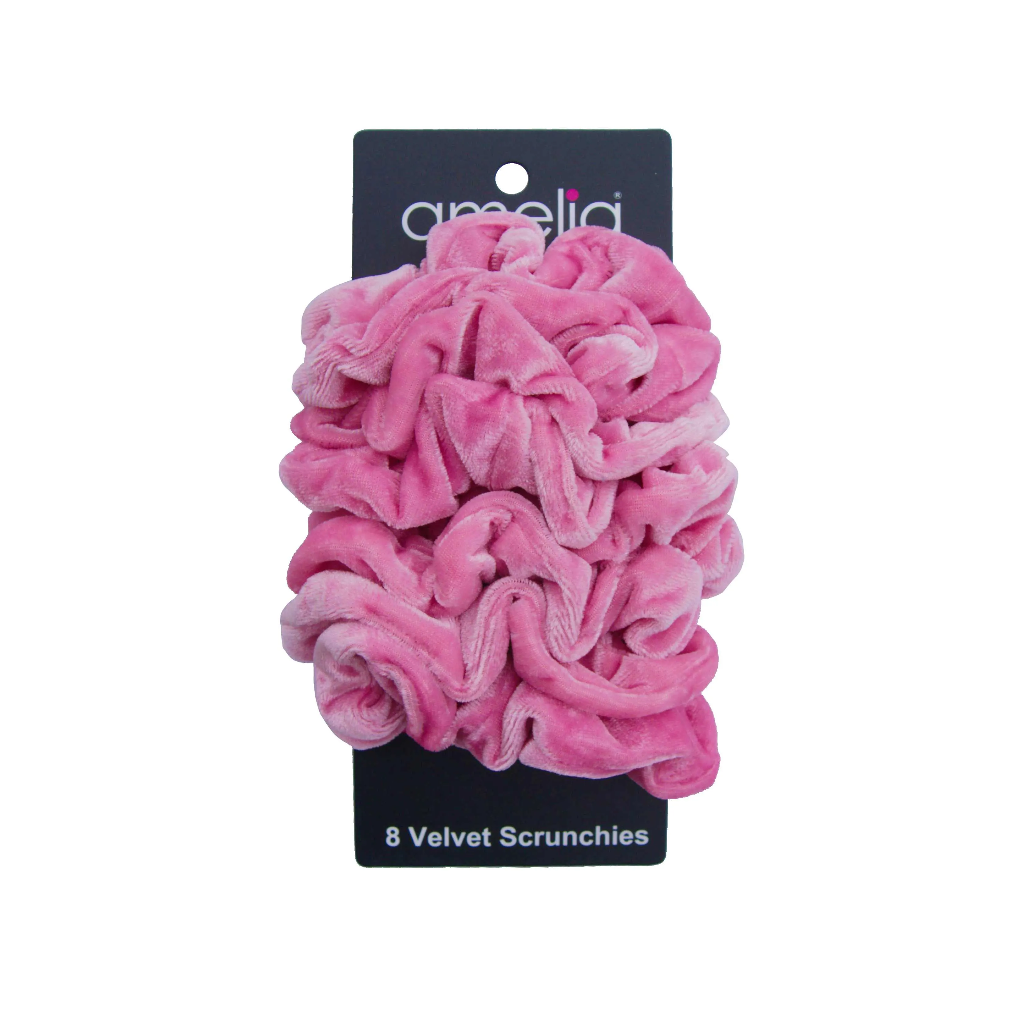 Amelia Beauty, Pink Velvet Scrunchies, 3.5in Diameter, Gentle on Hair, Strong Hold, No Snag, No Dents or Creases. 8 Pack