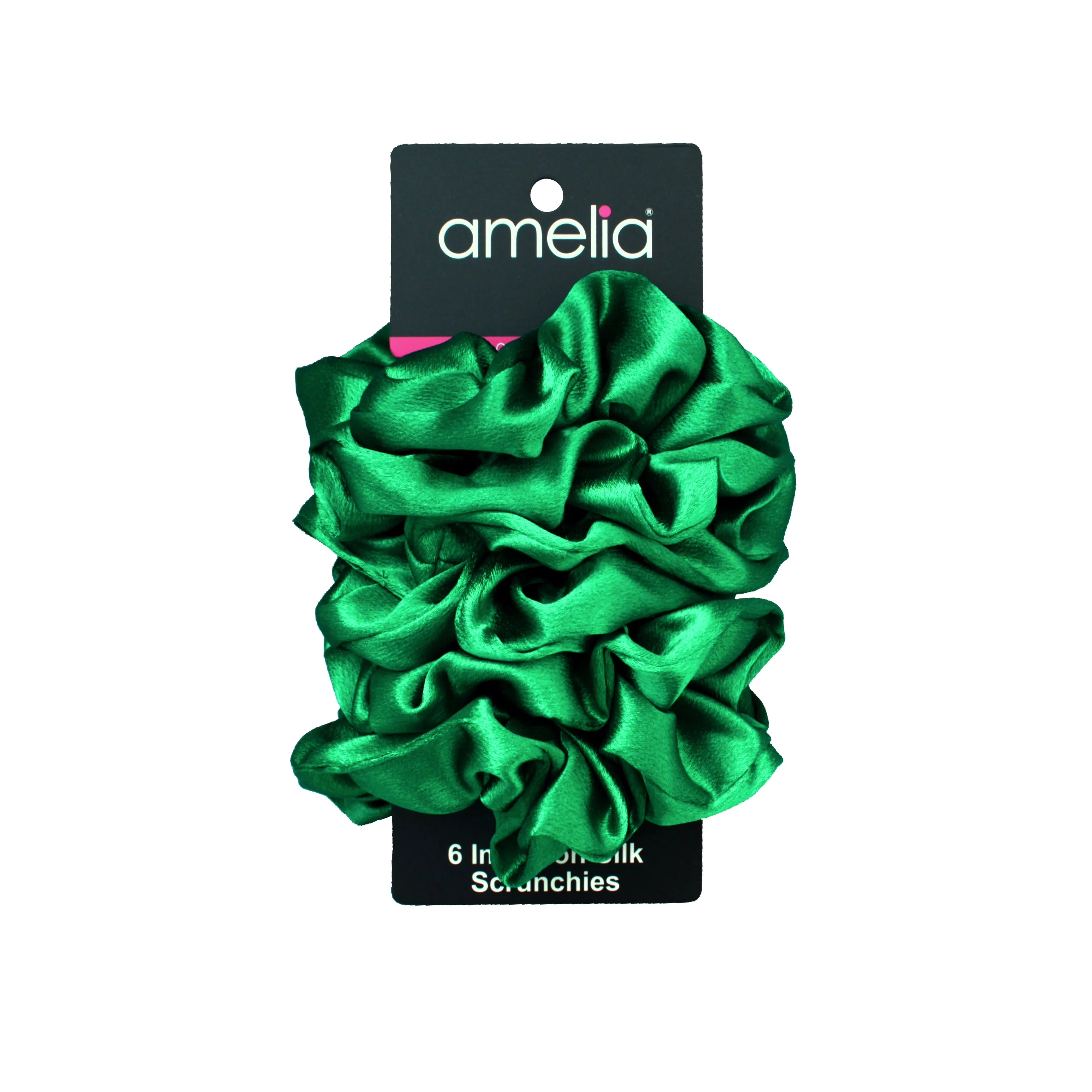 Amelia Beauty Products, Green Imitation Silk Scrunchies, 4.5in Diameter, Gentle on Hair, Strong Hold, No Snag, No Dents or Creases. 6 Pack