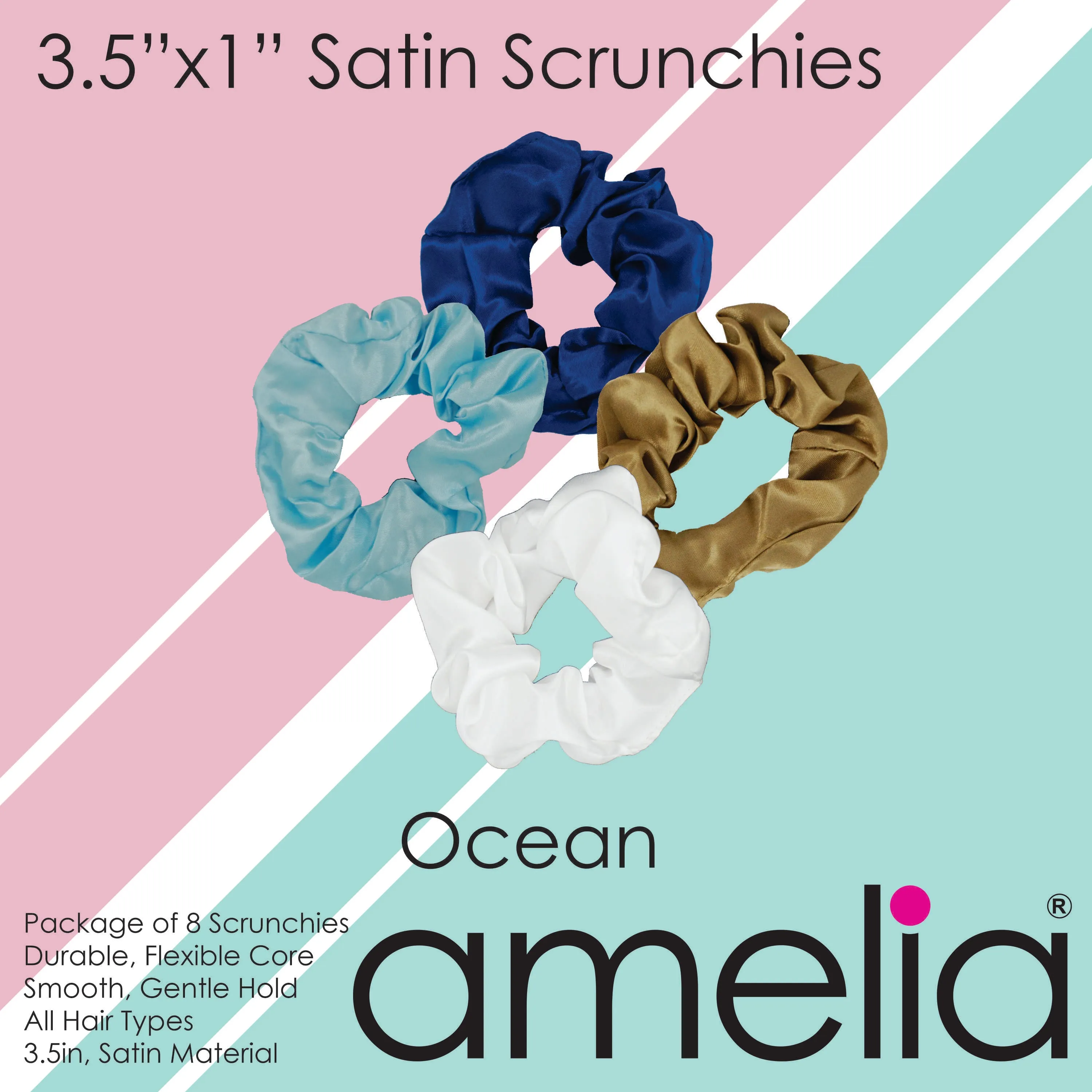 Amelia Beauty Products, Ocean Blend Satin Scrunchies, 3.5in Diameter, Gentle on Hair, Strong Hold, No Snag, No Dents or Creases. 8 Pack