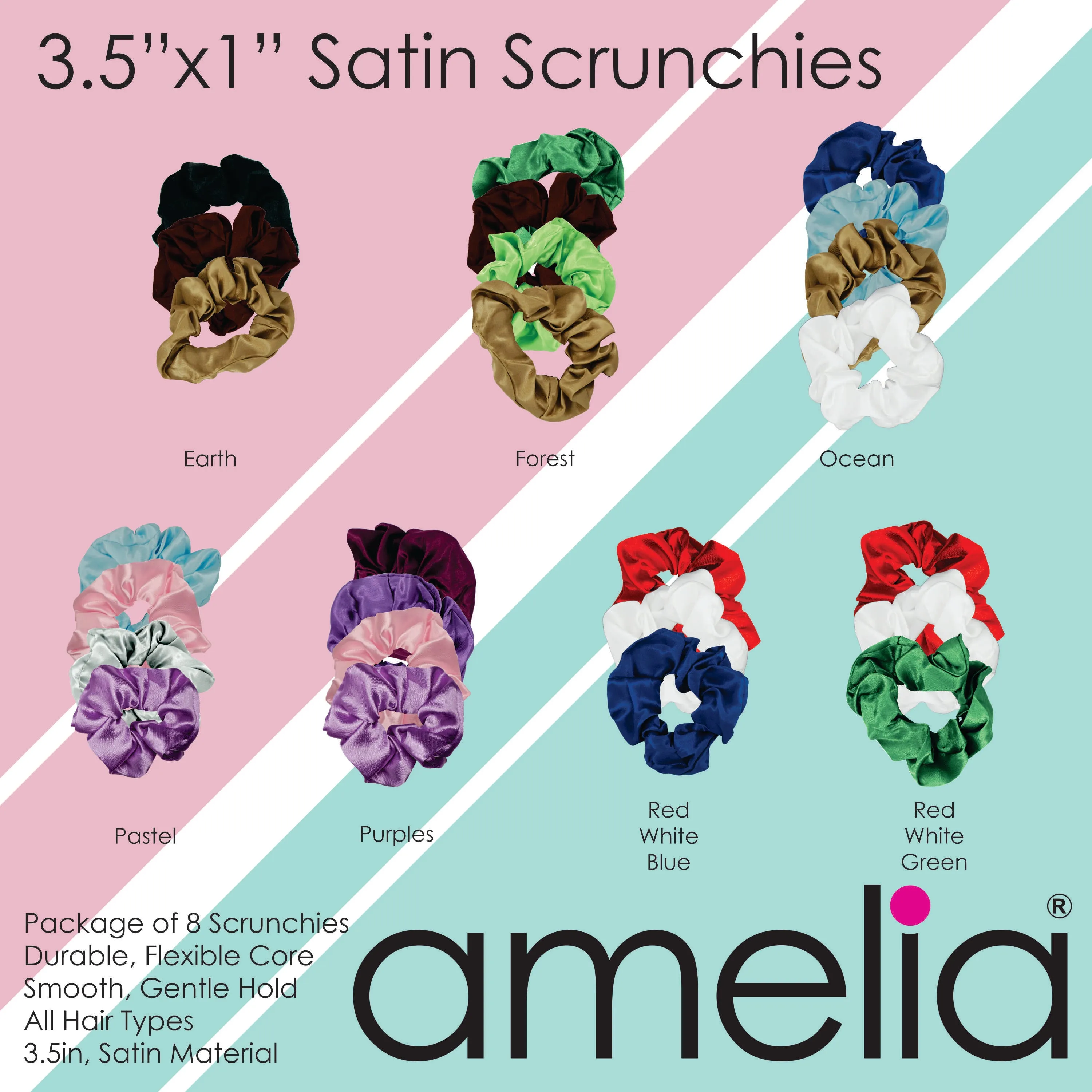 Amelia Beauty Products, Pink Satin Scrunchies, 3.5in Diameter, Gentle on Hair, Strong Hold, No Snag, No Dents or Creases. 8 Pack
