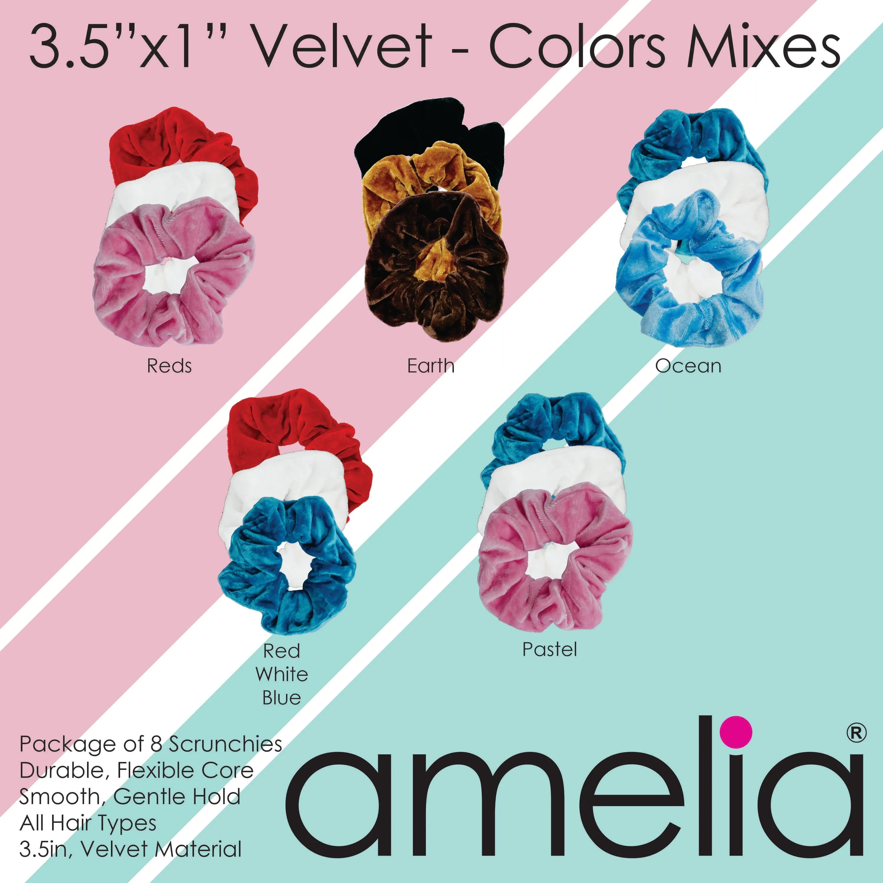 Amelia Beauty, Red, White and Blue Velvet Scrunchies, 3.5in Diameter, Gentle on Hair, Strong Hold, No Snag, No Dents or Creases. 8 Pack
