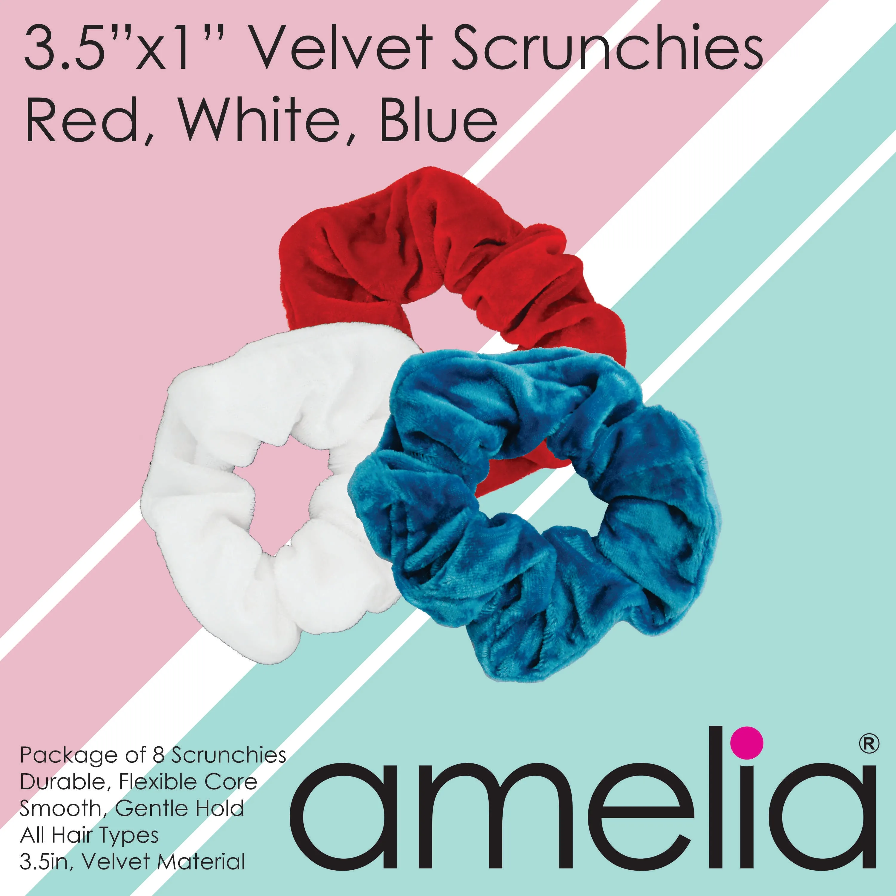 Amelia Beauty, Red, White and Blue Velvet Scrunchies, 3.5in Diameter, Gentle on Hair, Strong Hold, No Snag, No Dents or Creases. 8 Pack