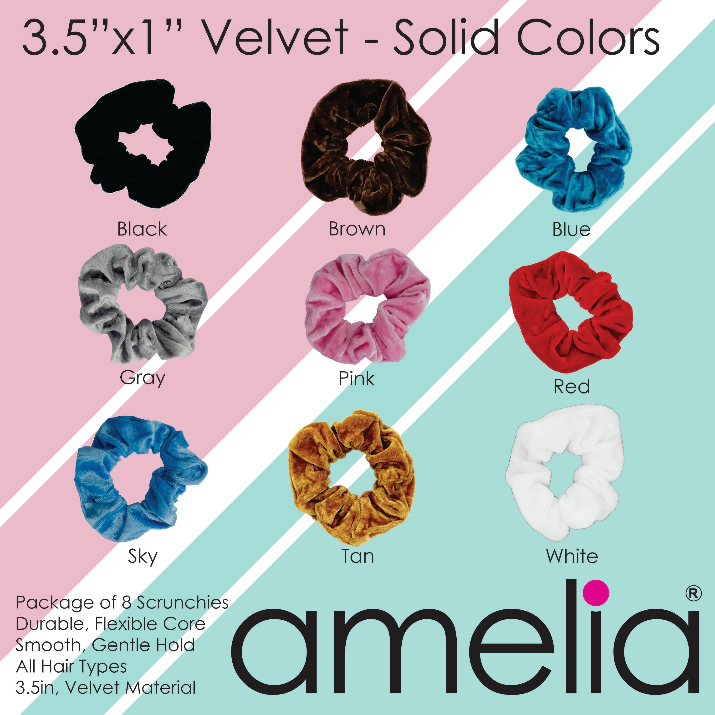 Amelia Beauty, Red, White and Blue Velvet Scrunchies, 3.5in Diameter, Gentle on Hair, Strong Hold, No Snag, No Dents or Creases. 8 Pack