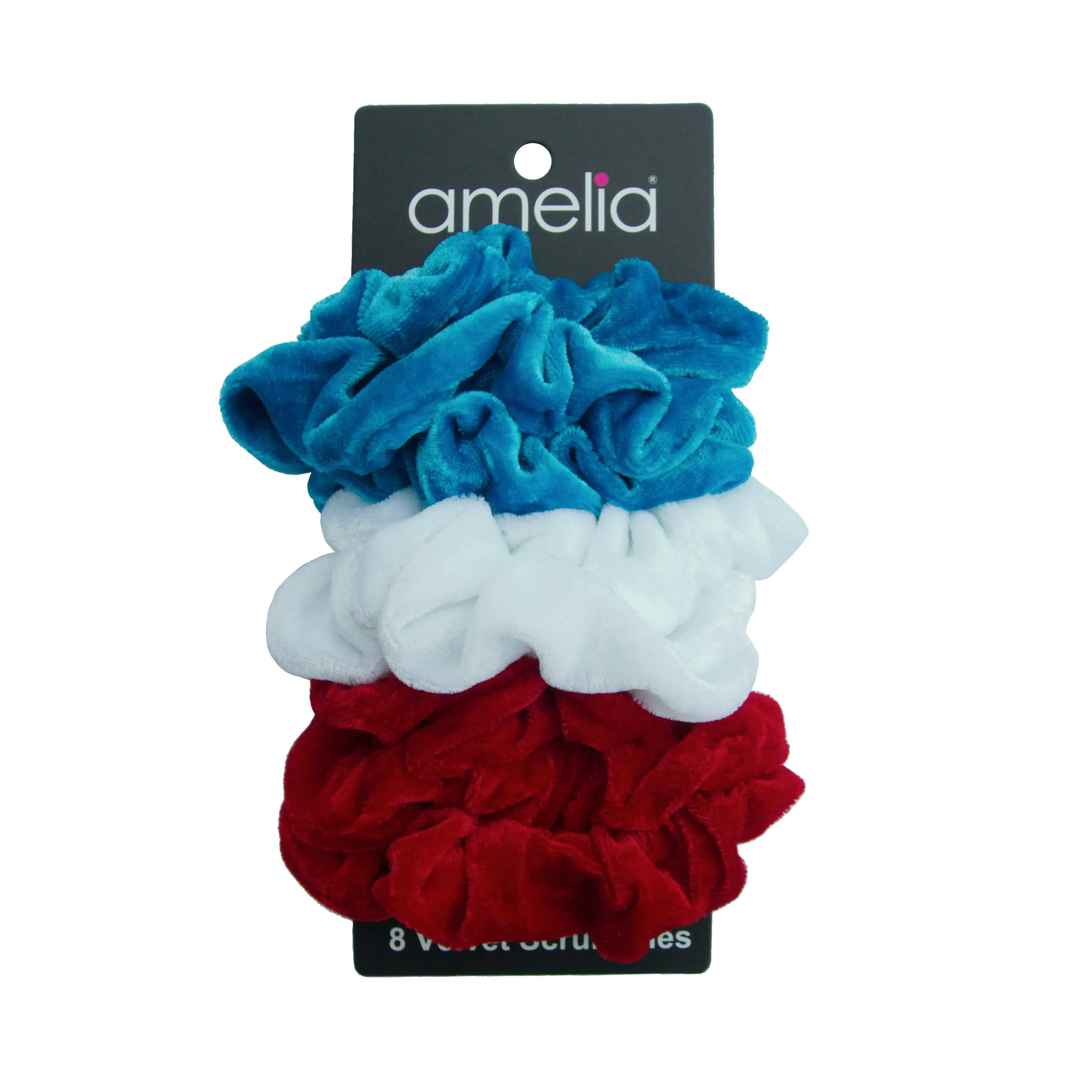 Amelia Beauty, Red, White and Blue Velvet Scrunchies, 3.5in Diameter, Gentle on Hair, Strong Hold, No Snag, No Dents or Creases. 8 Pack