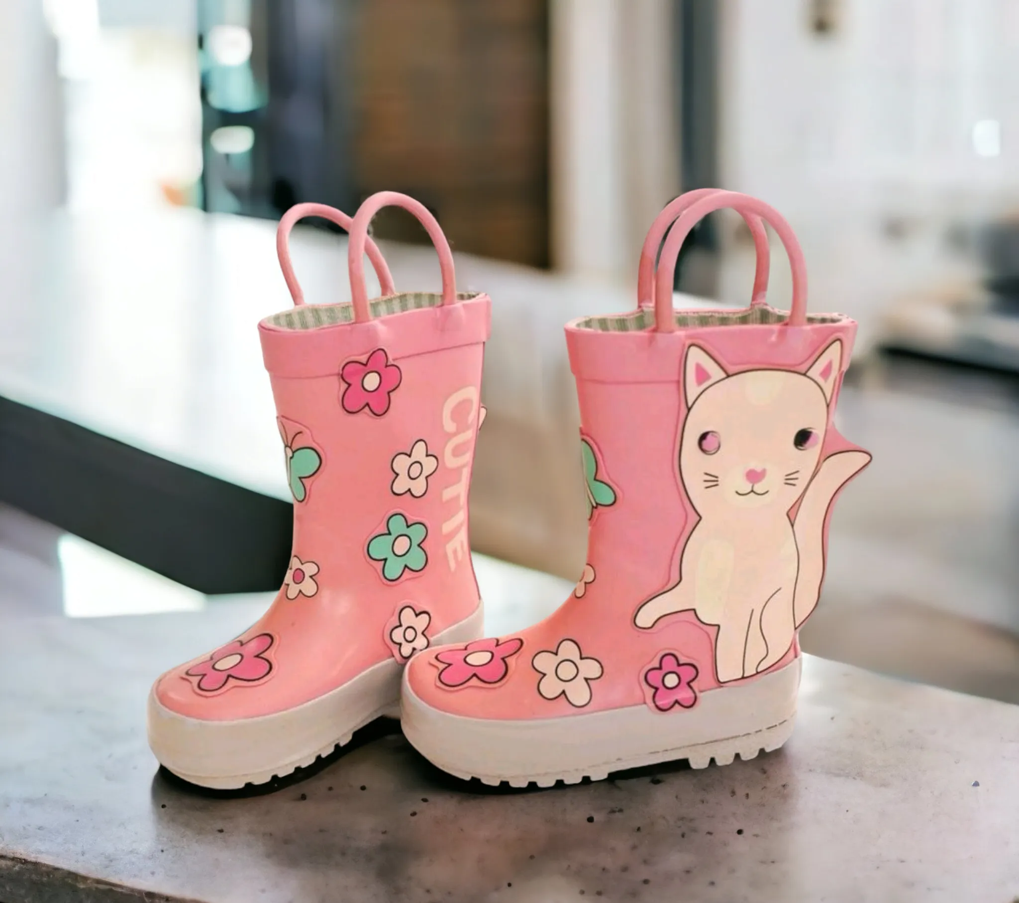 BABY GIRL SIZE 5 TODDLER - JOE FRESH, Kitty Rain Boots, Pink / Spring Flowers VGUC B20
