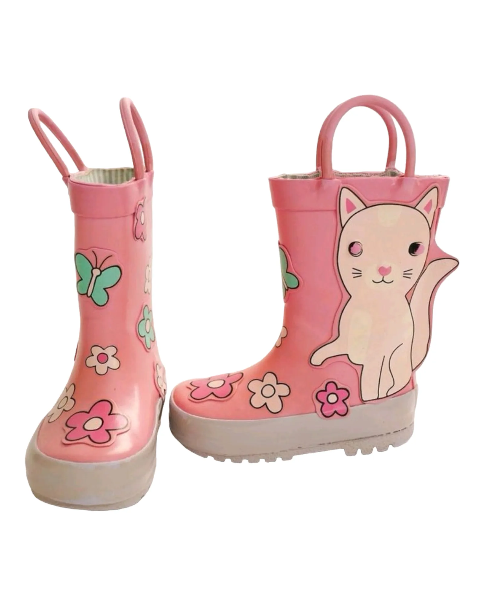 BABY GIRL SIZE 5 TODDLER - JOE FRESH, Kitty Rain Boots, Pink / Spring Flowers VGUC B20