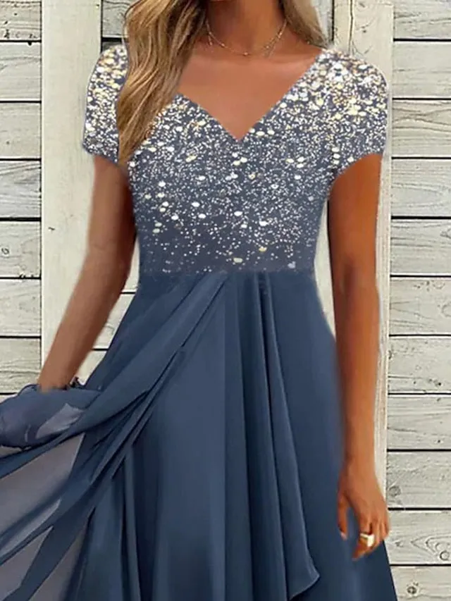 BerryBetty - Women‘s A Line Dress Chiffon Dress Midi Dress Navy Blue Short Sleeve Color Gradient Patchwork Spring Summer V Neck Stylish Elegant Party 2024 S M L XL XXL 3XL / Party Dress