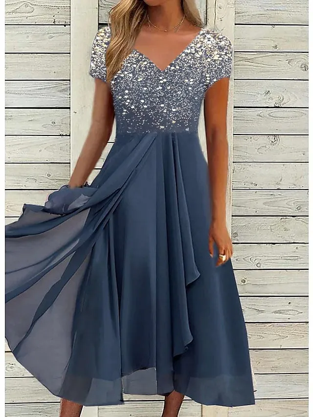 BerryBetty - Women‘s A Line Dress Chiffon Dress Midi Dress Navy Blue Short Sleeve Color Gradient Patchwork Spring Summer V Neck Stylish Elegant Party 2024 S M L XL XXL 3XL / Party Dress