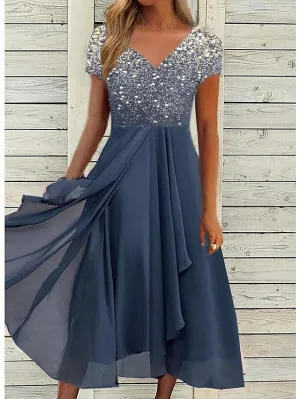 BerryBetty - Women‘s A Line Dress Chiffon Dress Midi Dress Navy Blue Short Sleeve Color Gradient Patchwork Spring Summer V Neck Stylish Elegant Party 2024 S M L XL XXL 3XL / Party Dress