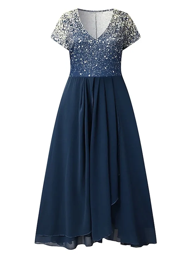 BerryBetty - Women‘s A Line Dress Chiffon Dress Midi Dress Navy Blue Short Sleeve Color Gradient Patchwork Spring Summer V Neck Stylish Elegant Party 2024 S M L XL XXL 3XL / Party Dress