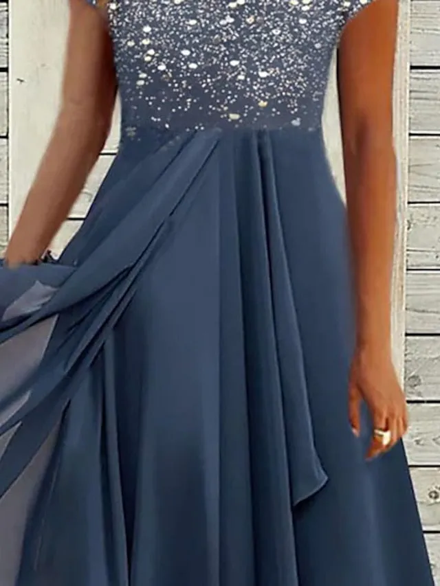 BerryBetty - Women‘s A Line Dress Chiffon Dress Midi Dress Navy Blue Short Sleeve Color Gradient Patchwork Spring Summer V Neck Stylish Elegant Party 2024 S M L XL XXL 3XL / Party Dress