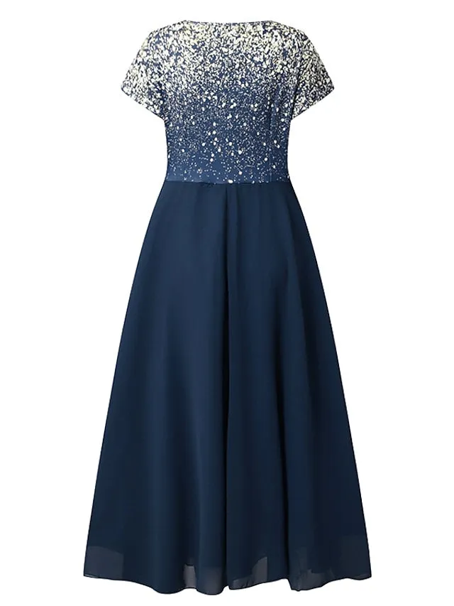 BerryBetty - Women‘s A Line Dress Chiffon Dress Midi Dress Navy Blue Short Sleeve Color Gradient Patchwork Spring Summer V Neck Stylish Elegant Party 2024 S M L XL XXL 3XL / Party Dress