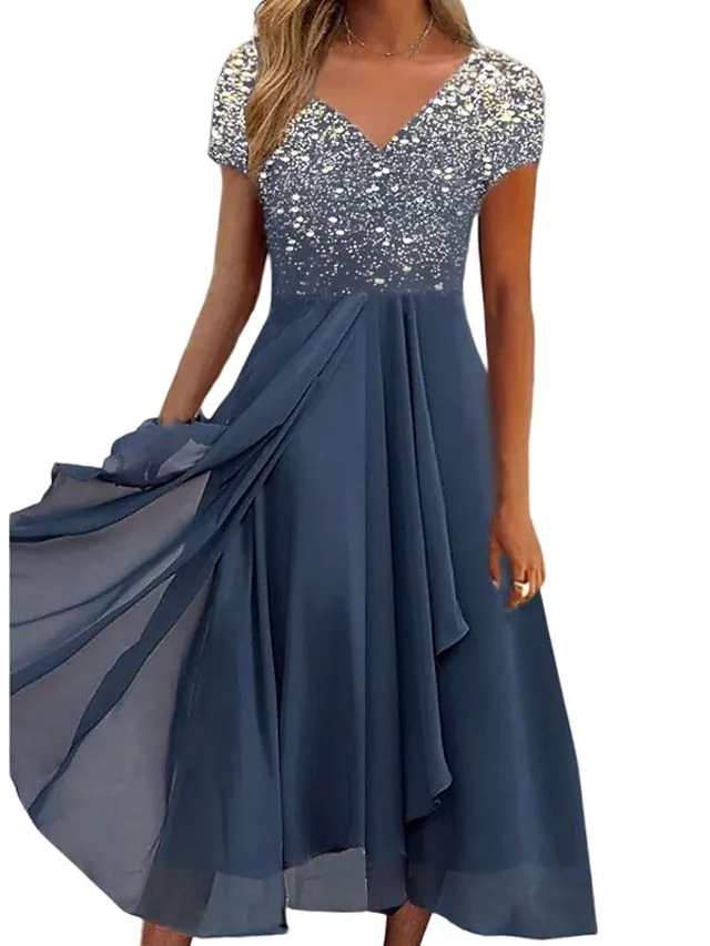 BerryBetty - Women‘s A Line Dress Chiffon Dress Midi Dress Navy Blue Short Sleeve Color Gradient Patchwork Spring Summer V Neck Stylish Elegant Party 2024 S M L XL XXL 3XL / Party Dress