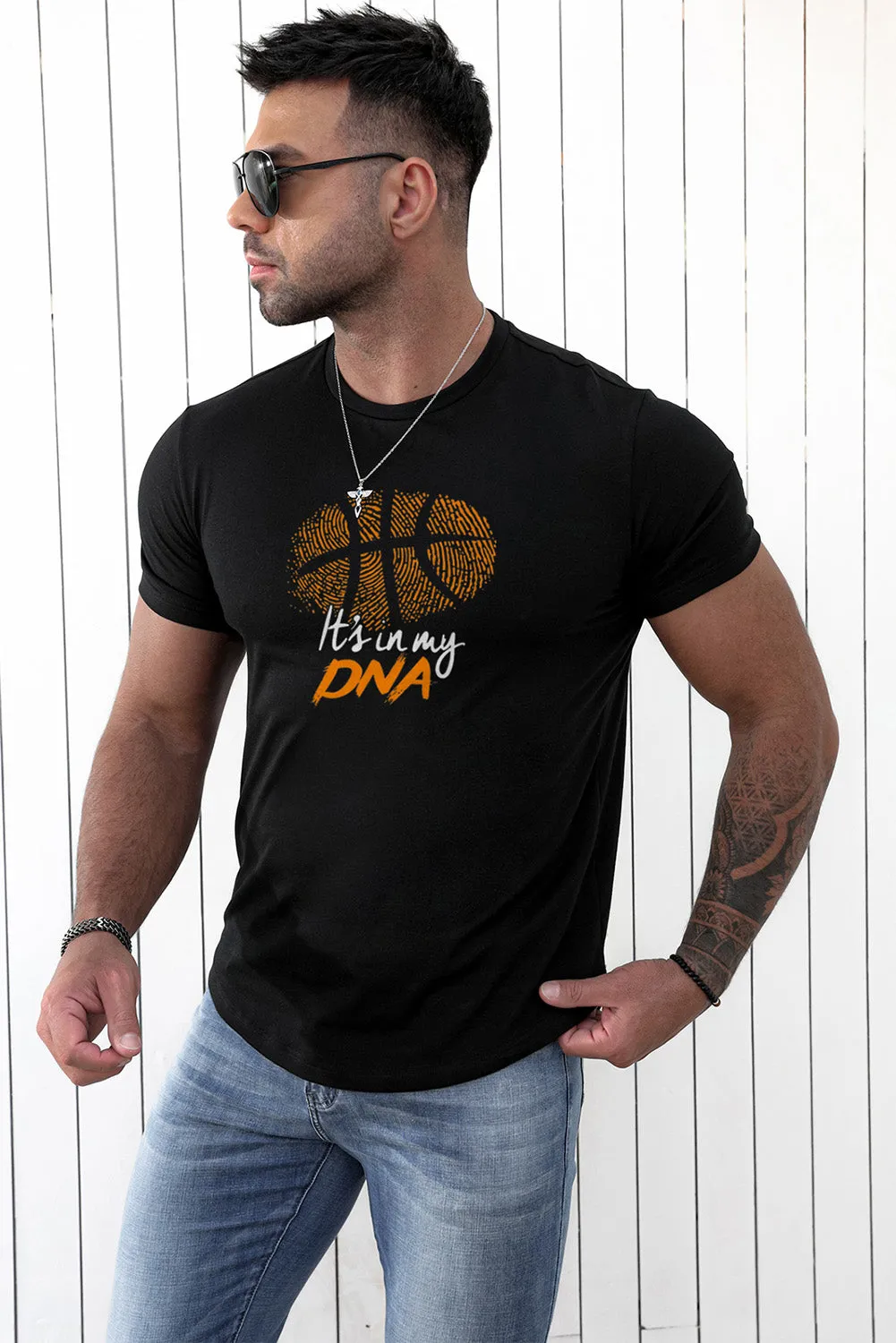 Black It's In My DNA Basketball Print Short Sleeve Men's T Shirt