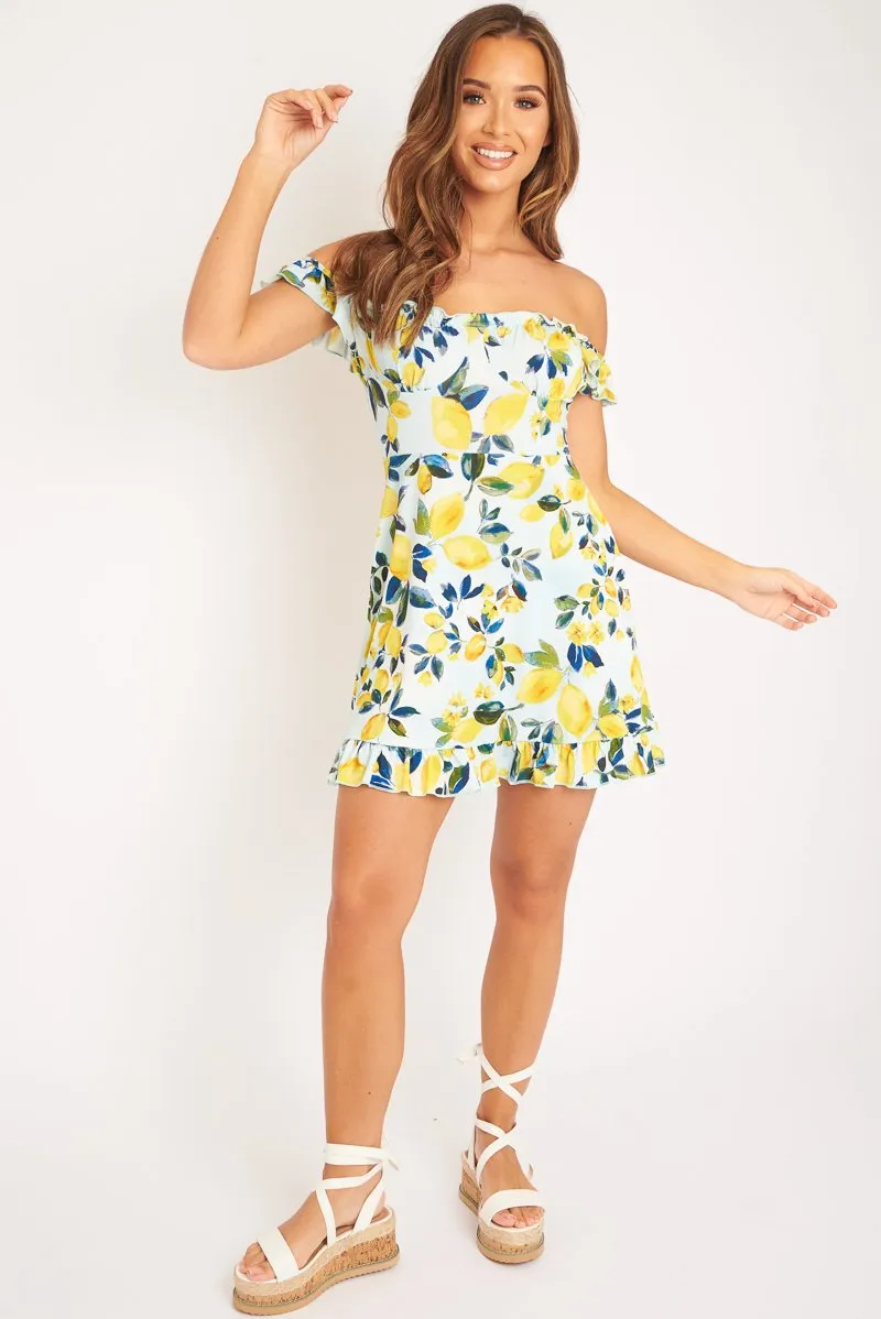 Blue Lemon Print Ruffle Summer Dress - Ashley