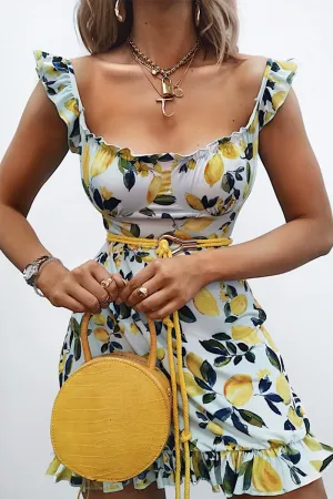 Blue Lemon Print Ruffle Summer Dress - Ashley