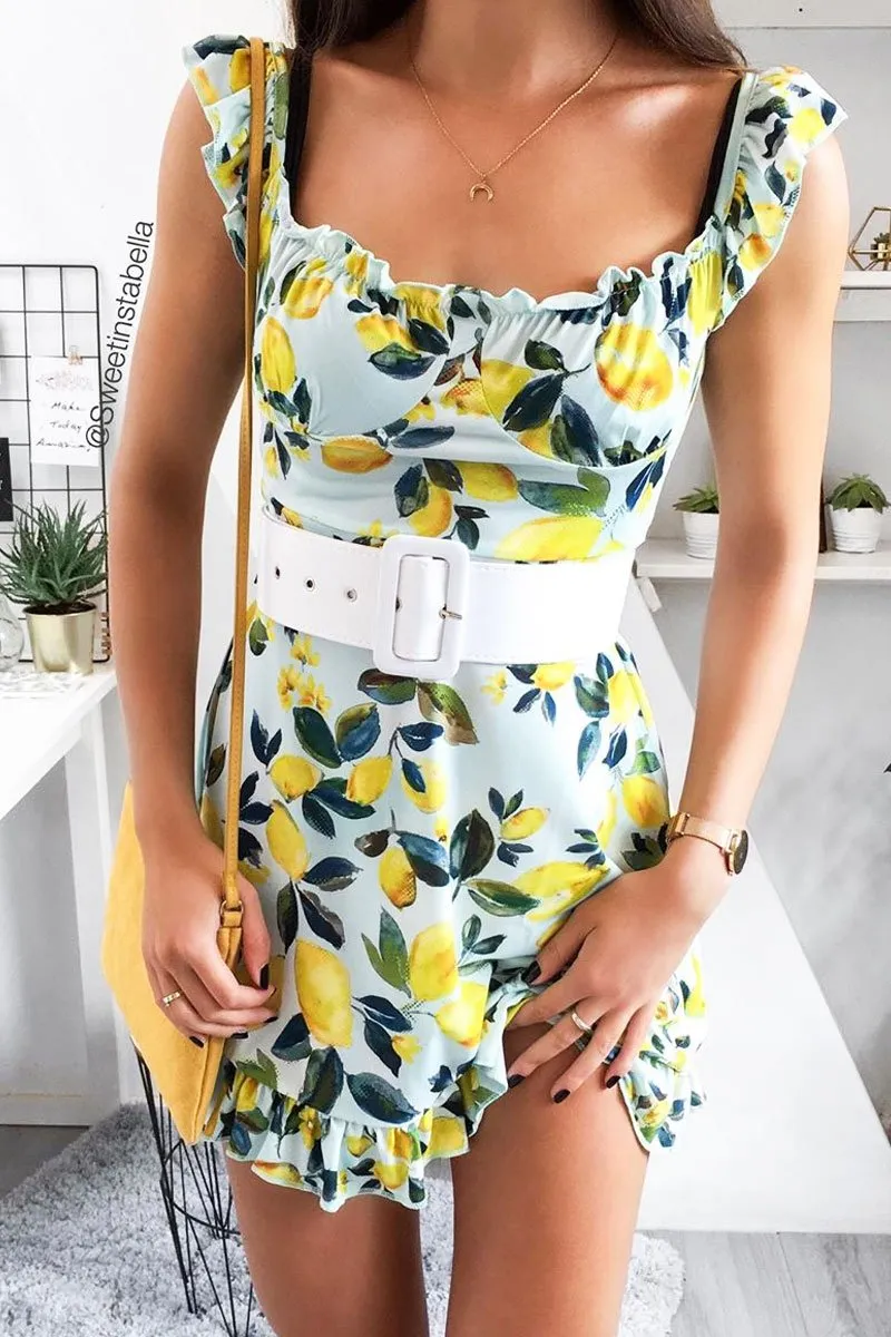 Blue Lemon Print Ruffle Summer Dress - Ashley