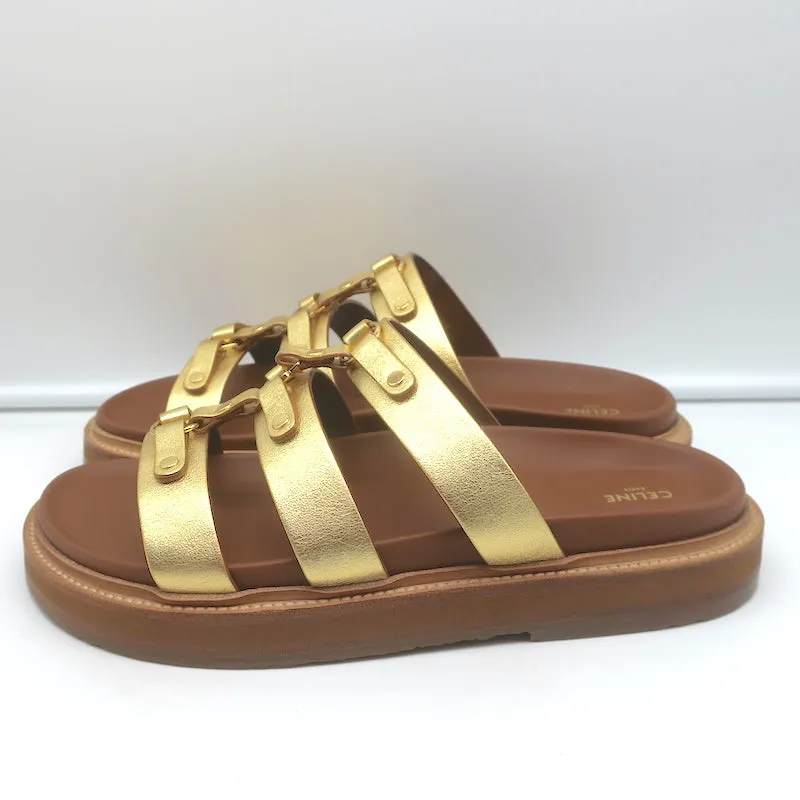 Celine Tippi Triomphe Slide Sandals Gold Metallic Leather Size 40 NEW