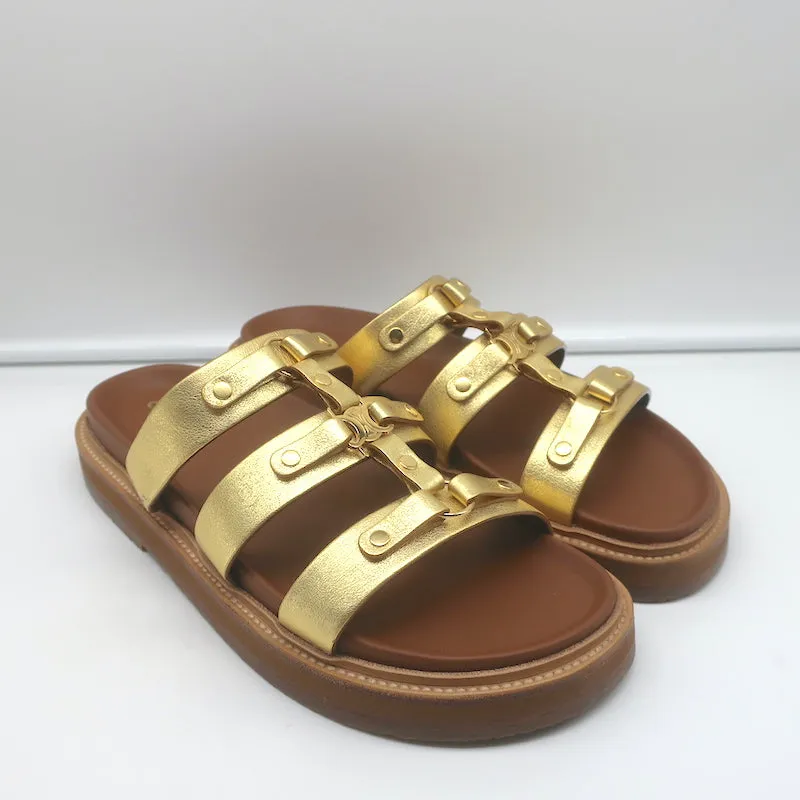 Celine Tippi Triomphe Slide Sandals Gold Metallic Leather Size 40 NEW