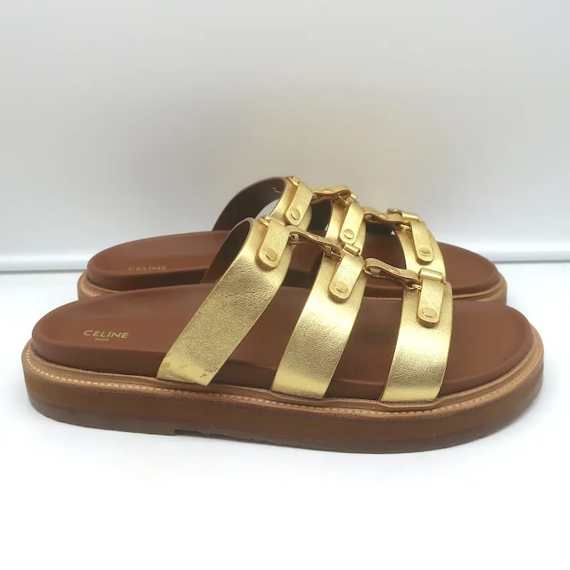 Celine Tippi Triomphe Slide Sandals Gold Metallic Leather Size 40 NEW