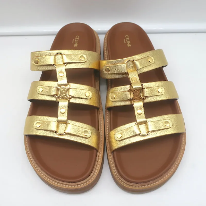 Celine Tippi Triomphe Slide Sandals Gold Metallic Leather Size 40 NEW