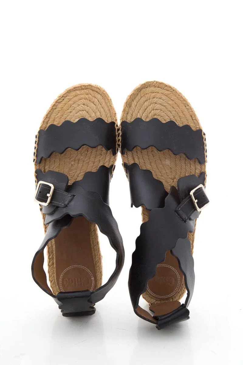 Chloe Black Leather Lauren Scalloped Sandals SZ 39