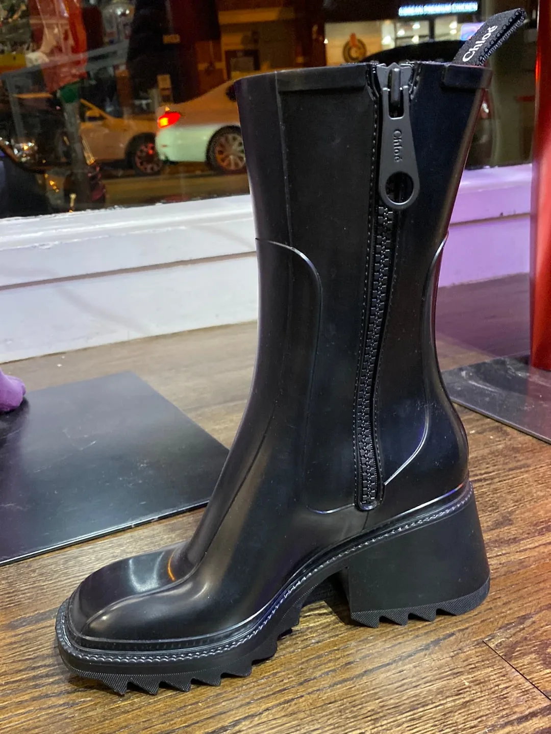 Chloe Black Square Toe Chunky Heel Zip Rain Boot 'BETTY'