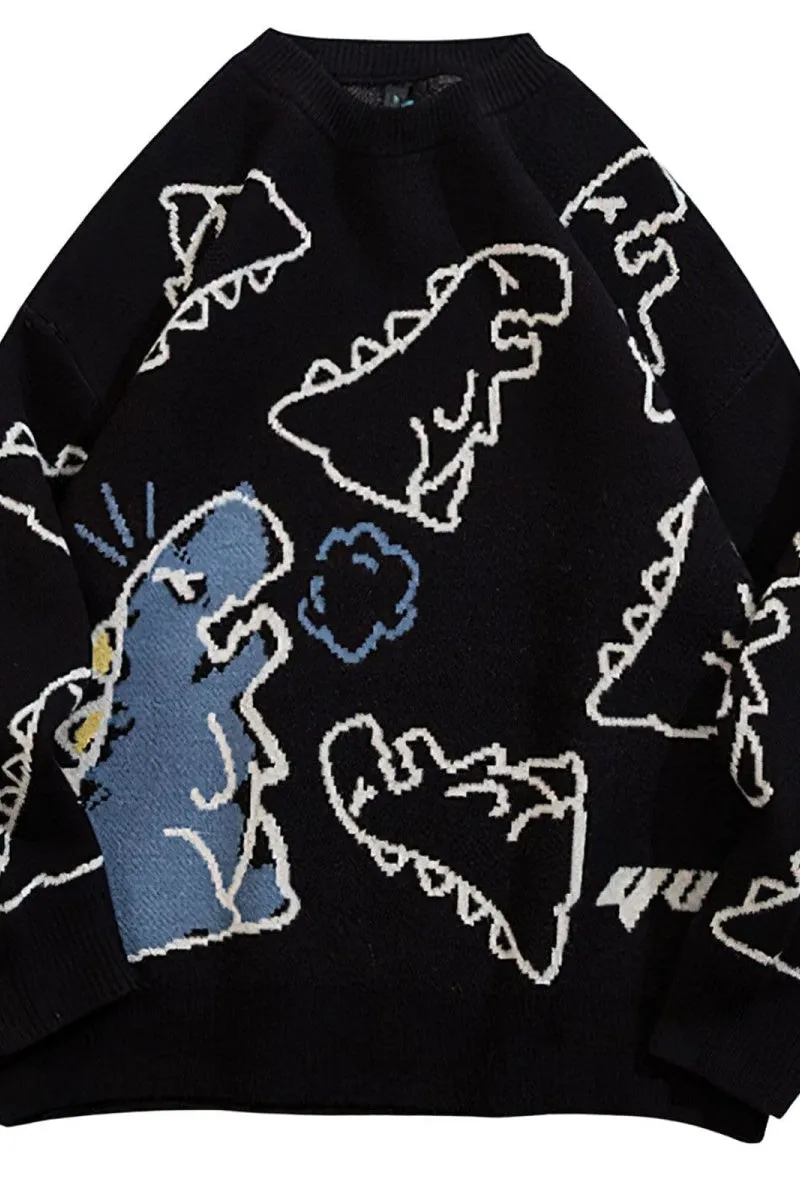 Chouyatou Women's Dinosaur Graphic Sweaters Cartoon Kwaii Knit Crewneck Long Sleeve Oversized Pullover Jumpers