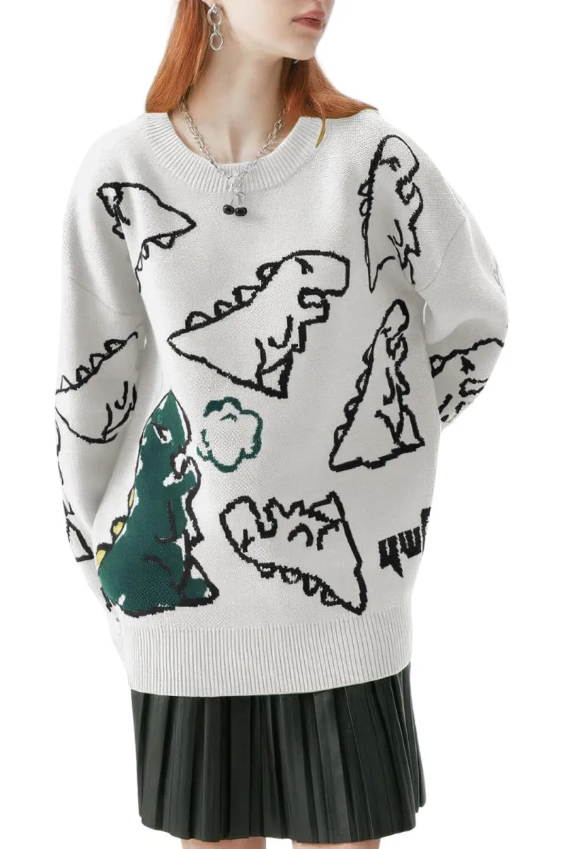 Chouyatou Women's Dinosaur Graphic Sweaters Cartoon Kwaii Knit Crewneck Long Sleeve Oversized Pullover Jumpers