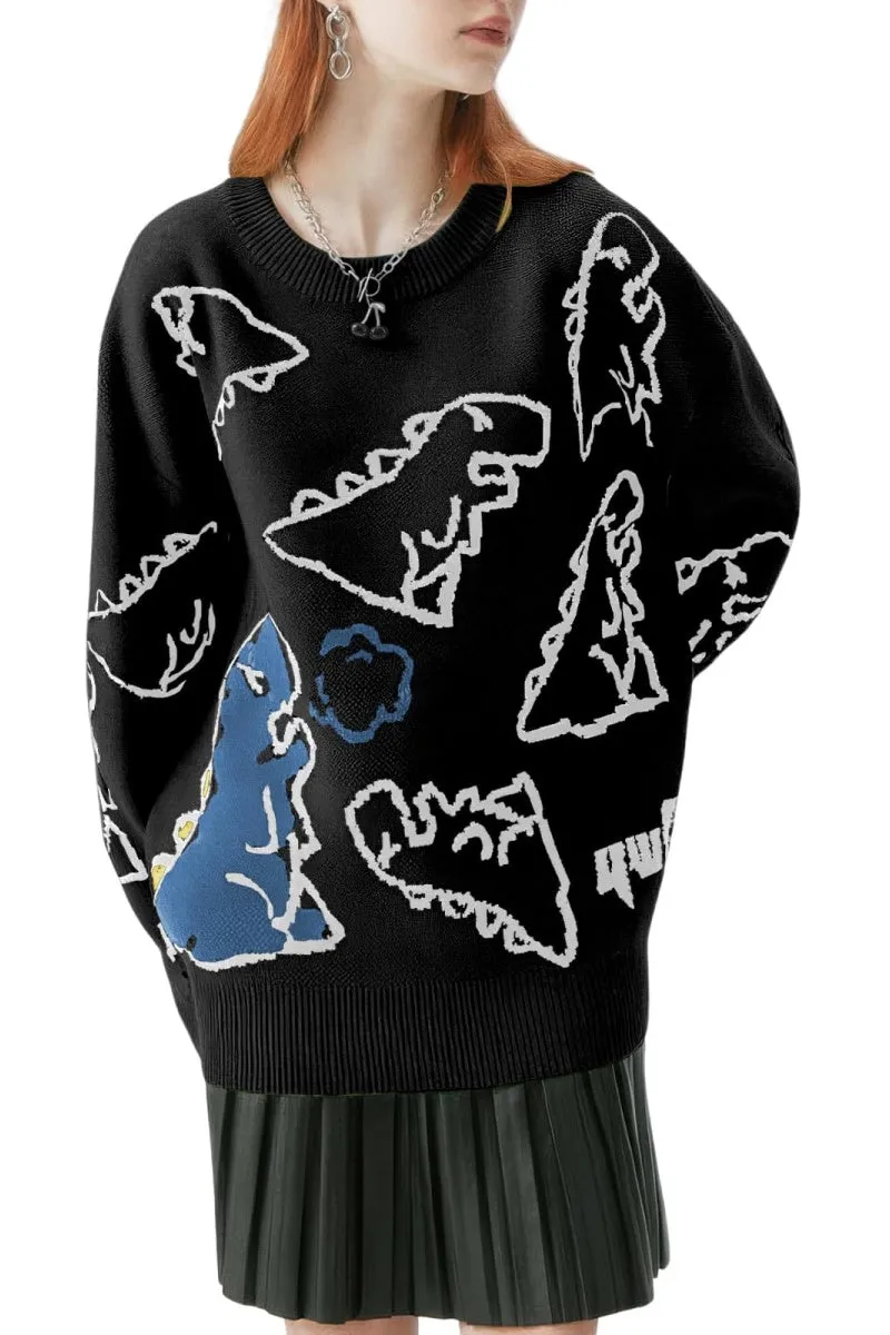 Chouyatou Women's Dinosaur Graphic Sweaters Cartoon Kwaii Knit Crewneck Long Sleeve Oversized Pullover Jumpers
