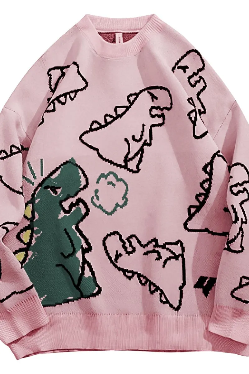 Chouyatou Women's Dinosaur Graphic Sweaters Cartoon Kwaii Knit Crewneck Long Sleeve Oversized Pullover Jumpers