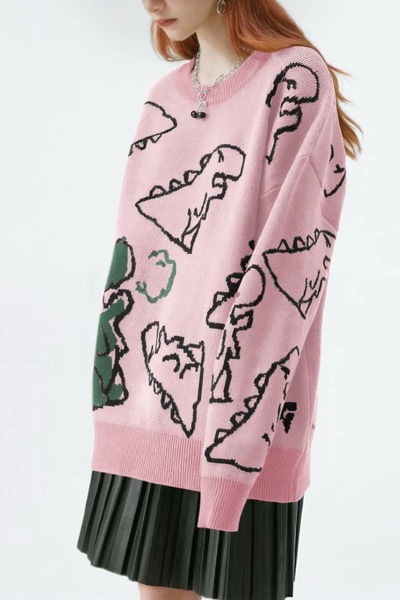 Chouyatou Women's Dinosaur Graphic Sweaters Cartoon Kwaii Knit Crewneck Long Sleeve Oversized Pullover Jumpers