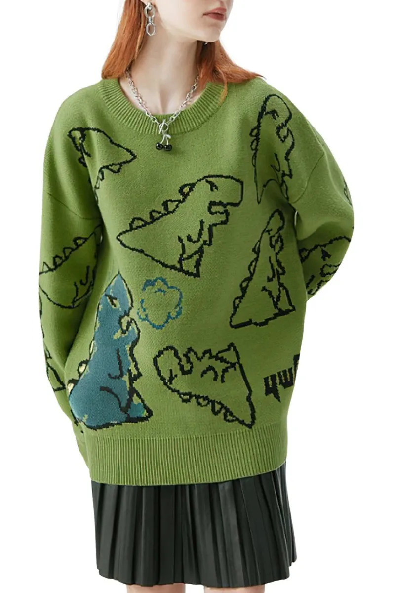 Chouyatou Women's Dinosaur Graphic Sweaters Cartoon Kwaii Knit Crewneck Long Sleeve Oversized Pullover Jumpers
