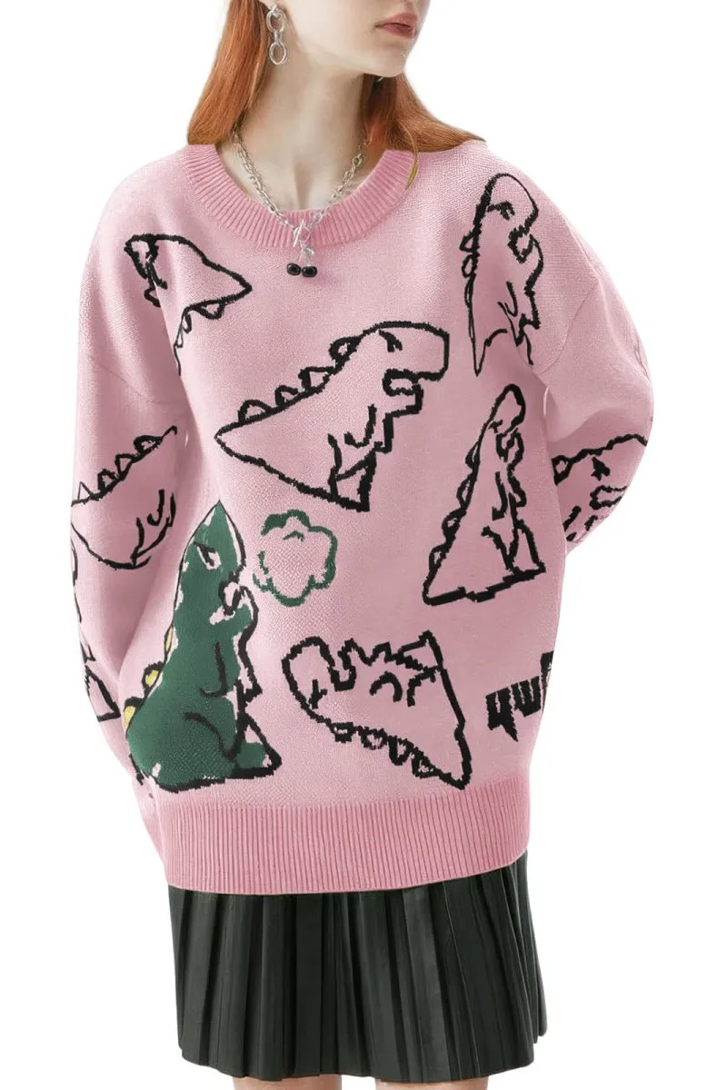 Chouyatou Women's Dinosaur Graphic Sweaters Cartoon Kwaii Knit Crewneck Long Sleeve Oversized Pullover Jumpers