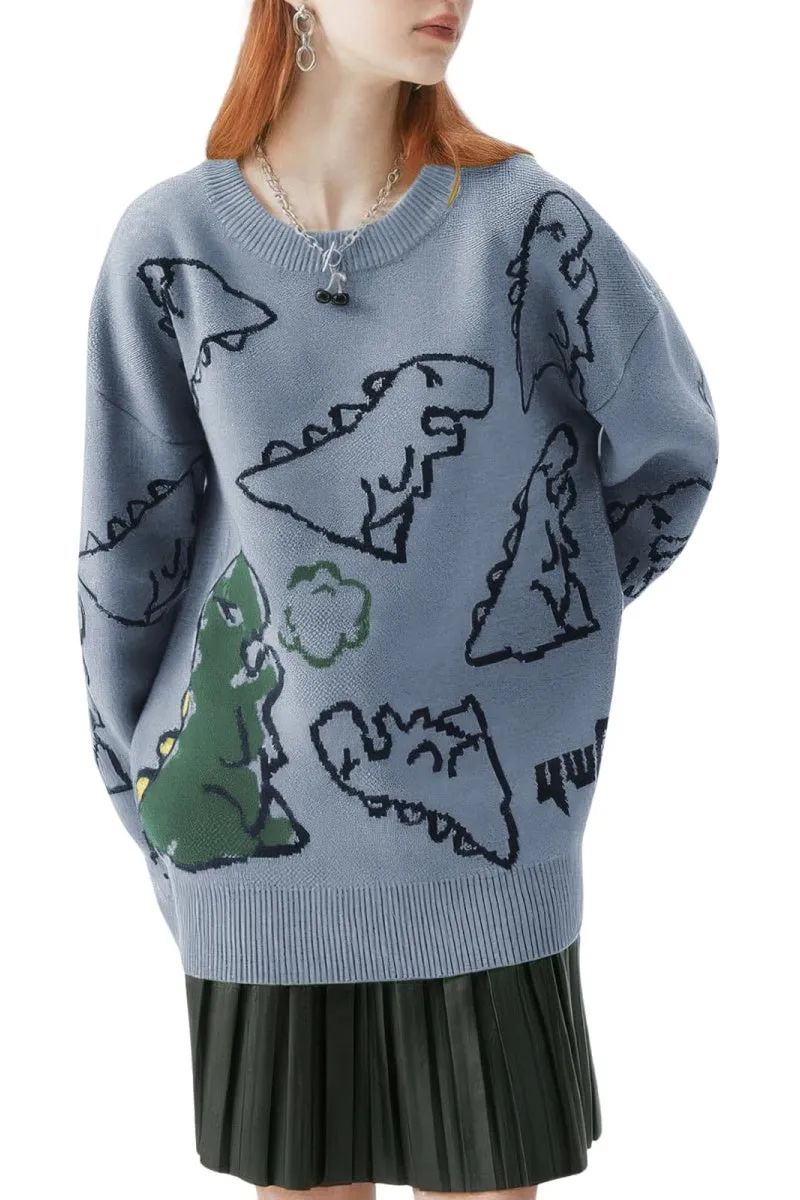 Chouyatou Women's Dinosaur Graphic Sweaters Cartoon Kwaii Knit Crewneck Long Sleeve Oversized Pullover Jumpers
