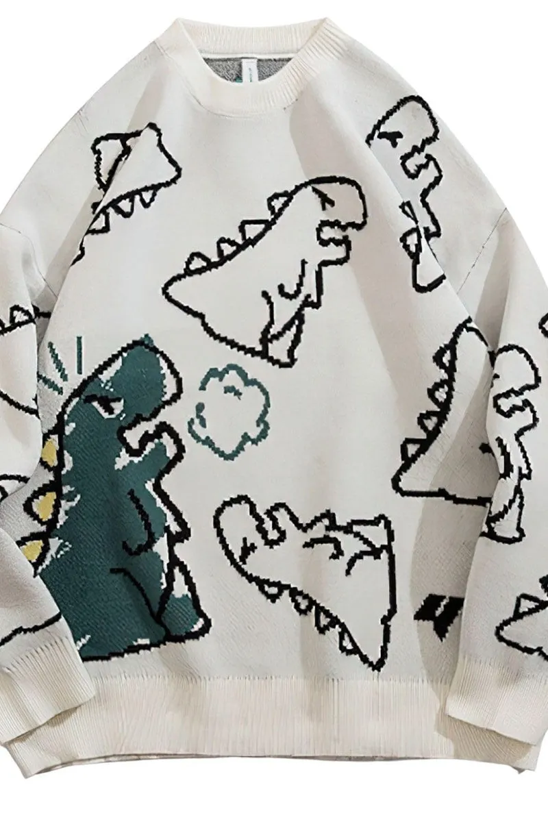 Chouyatou Women's Dinosaur Graphic Sweaters Cartoon Kwaii Knit Crewneck Long Sleeve Oversized Pullover Jumpers