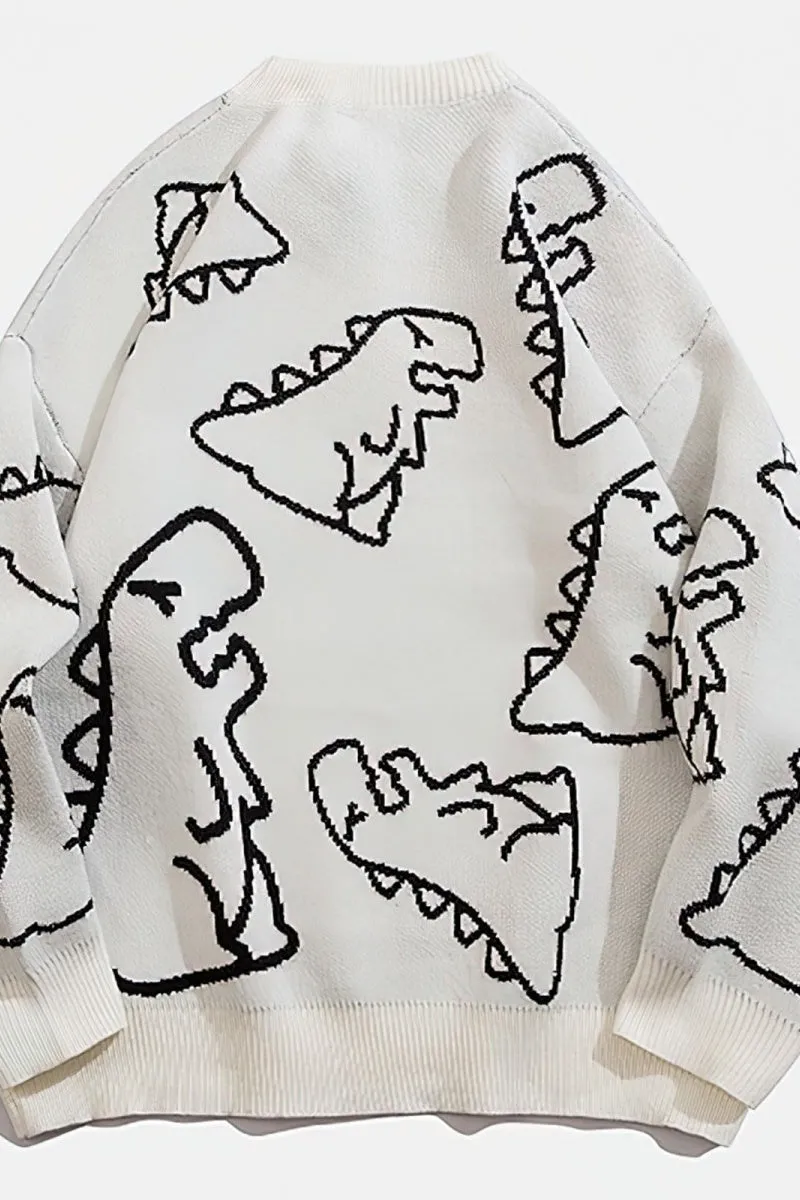 Chouyatou Women's Dinosaur Graphic Sweaters Cartoon Kwaii Knit Crewneck Long Sleeve Oversized Pullover Jumpers