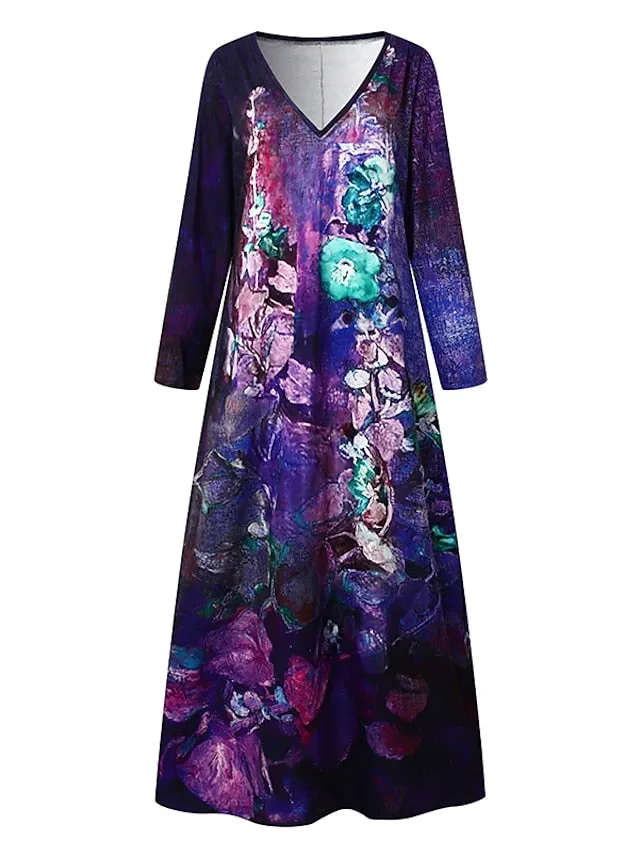CityHottie - Women's Casual Dress Ethnic Dress Long Dress Maxi Dress Green 3/4 Length Sleeve Floral Print Summer Spring Fall V Neck Classic Vacation 2024 S M L XL XXL 3XL 4XL
