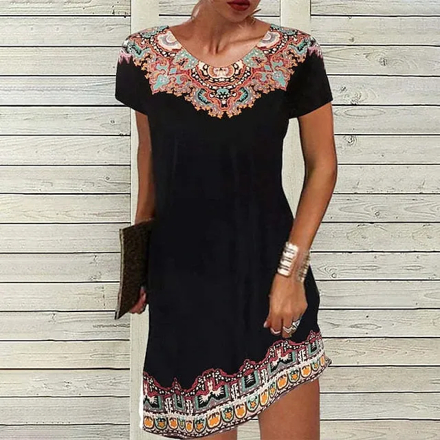 CityHottie - Women's Casual Dress Ethnic Dress Shift Dress Mini Dress Black White Light Green Short Sleeve Floral Print Spring Summer Crew Neck Basic Daily Vacation Loose Fit 2024 S M L XL XXL