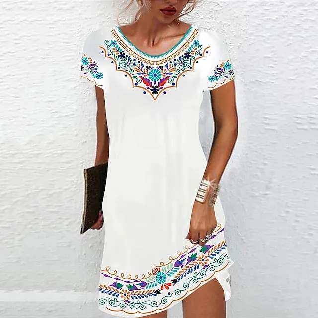 CityHottie - Women's Casual Dress Ethnic Dress Shift Dress Mini Dress Black White Light Green Short Sleeve Floral Print Spring Summer Crew Neck Basic Daily Vacation Loose Fit 2024 S M L XL XXL