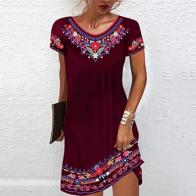 CityHottie - Women's Casual Dress Ethnic Dress Shift Dress Mini Dress Black White Light Green Short Sleeve Floral Print Spring Summer Crew Neck Basic Daily Vacation Loose Fit 2024 S M L XL XXL