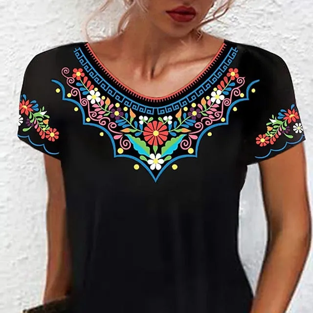 CityHottie - Women's Casual Dress Ethnic Dress Shift Dress Mini Dress Black White Light Green Short Sleeve Floral Print Spring Summer Crew Neck Basic Daily Vacation Loose Fit 2024 S M L XL XXL
